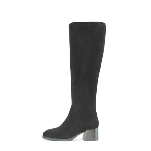 Image of ella Women's Knee High Stretch Fit Wide Calf Memory Foam Insole Block Wood Effect Heel Boots (Black, UK Footwear Size System, Adult, Women, Numeric, Medium, 5)