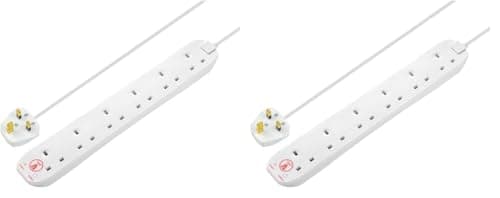 Image of Masterplug Six Socket Extension Lead with Surge Protection, Power and Surge LED Indicators, Unswitched, 2 Metre Cable, 6-Way Plug Extension Cable, Power Strip, White, 13A, 6G, 2m, SRG6210N (Pack of 2)