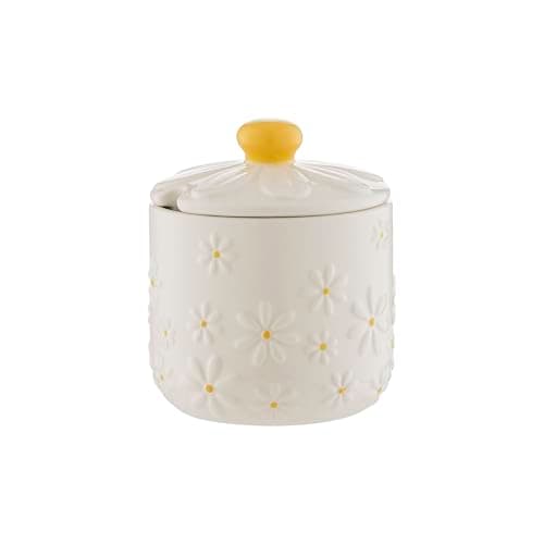 Image of Price & Kensington Daisy Sugar Bowl | Ceramic Sugar Bowl with Embossed Daisy 3D Lid | Hand-Painted Yellow Handle | Cream Glaze | Kitchen Storage Bowl