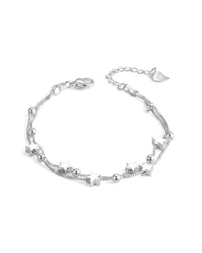 Image of Zikichiky S925 Sterling Silver Star Charm Bracelet, Adjustable Layered Chain Beaded Bracelet, Dainty Jewellery Gift for Women