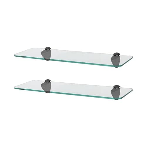 Image of Harbour Housewares Rounded Floating Glass Bathroom Shelves - 40cm - Clear/Black - 2x Wall-Mounted Kitchen Bedroom Shower Room Décor Caddy Towel Storage Organiser Shelving Rack with Brackets