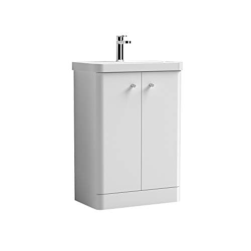 Image of Nuie COR106 Core Modern Bathroom Floor Standing 2 Door Vanity Unit and 1 Tap Hole Ceramic Basin, 864 x 605 x 355mm, Gloss White