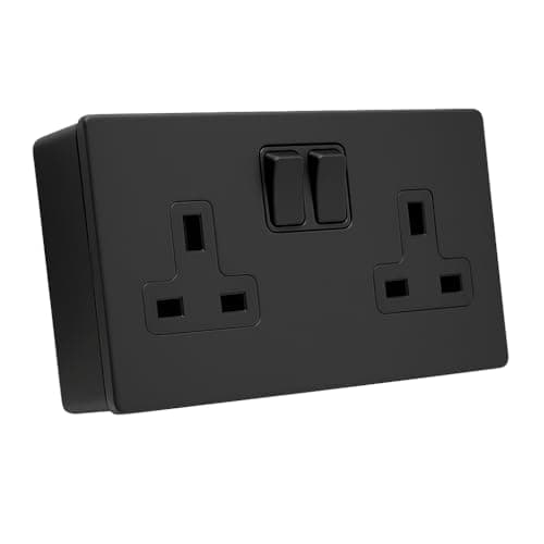 Image of SH|P® COMPACT Screwless Ultra-Matt Black Metal 2 Gang 13A 4mm Plate Switched Socket and 25mm Plastic Surface Mount Pattress Box (2 Gang Socket)