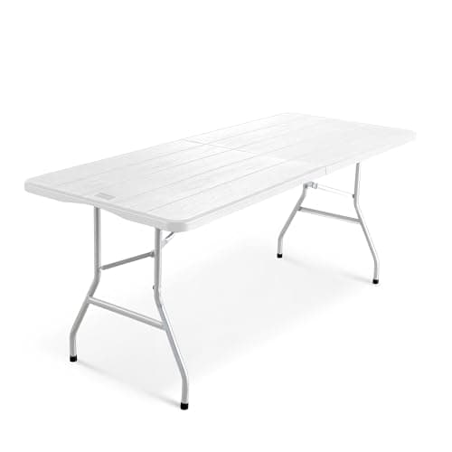 Image of KEPLIN 6ft Folding Table with White Wood Slate Patterned Top, 180x70x74cm – Sturdy Metal Frame, Waterproof, Portable & Easy Assembly – Ideal for Parties, BBQs, Camping (Wood Slate)