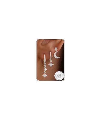 Image of HANLI 3 Pairs Star Moon 925 Sterling Silver Earrings Set for Women Hypoallergenic Cubic Zirconia Earrings Stacks Stud Huggie Hoops Earring Sets for Multiple Piercings Jewellery for Her