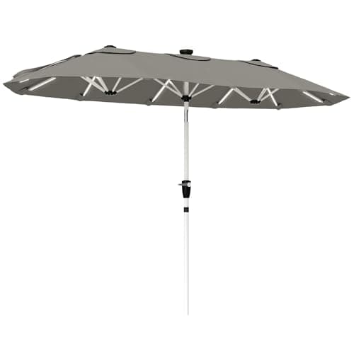 Image of Outsunny 3 m Double-Sided Garden Parasol with LED Solar Lights, Outdoor Extra Large Sun Umbrella with UPF30+ Protection, Crank Handle, 12 Ribs, Patio Market Sun Shade, Grey