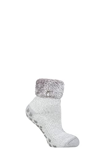 Image of HEAT HOLDERS Ladies Lounge Feather Turn Over Cuff Slipper Socks Pack of 1 Queenstown Plain Silver Grey 4-8