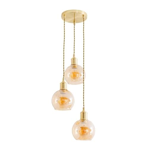Image of ValueLights | Bellamy Amber Glass Globe 3 Drop Cluster Brushed Gold Ceiling Pendant Light | Pendent Light, Home Décor & Improvement Essential | Includes Full Wired Fitting
