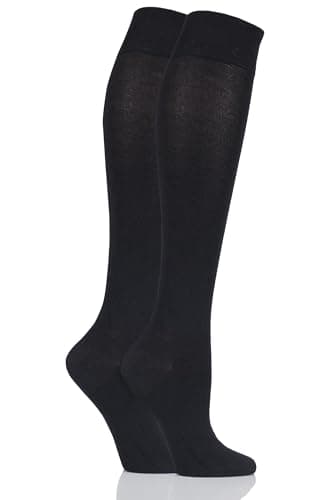 Image of SockShop Bamboo Knee High Socks - Women's Long Socks in Plain and Striped Designs, Fun, Fashionable, Bright Colours, Soft and Breathable for Comfort, 2 Pair Pack Black 4-8