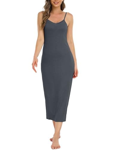 Image of Vlazom Women's Nightdresses, Long Slip Dress for Ladies Soft Full Slip Petticoat Spaghetti Strap Chemises V Neck Nightgown Dark Grey,L