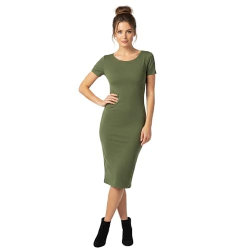 Image of HUBIBUBI Womens Ladies Short Sleeve Plain Midi Dress Stretchy Jersey Basic Casual Summer Bodycon Dress Womens Plus Size Plain Short Sleeve Stretch Ladies Jersey Midi Dress Sizes 8-26 Khaki