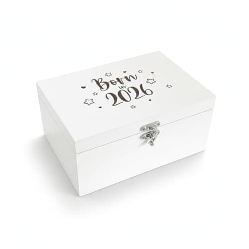 Image of "Born in 2026" Engraved Baby Memory Box | White Wooden Keepsake Storage | Gender Neutral Gift for New Parents, Baby Shower & Grandparents | 22cm x 15cm x 10cm