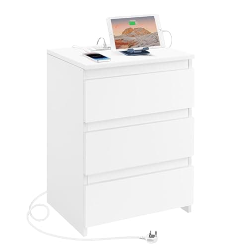 Image of Yaheetech Bedside Table with Charging Station - Nightstand with 2 USB Ports, 2 Outlets & 3 Drawers, End Table for Bedroom, Living Room, Small Spaces, White