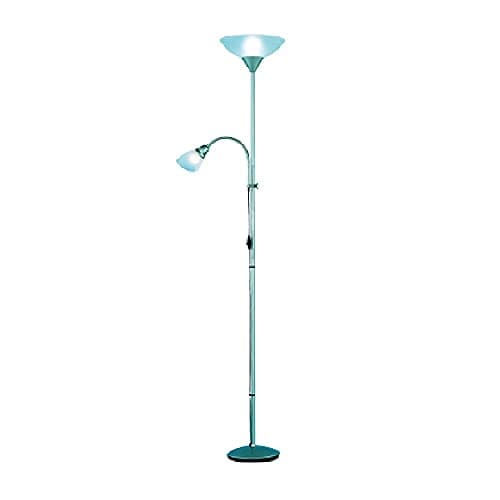 Image of Britalia Titanium Silver Grey Modern Mother & Child Floor Lamp Light | Main Uplighter & Flexible Reading Arm | 1 x E14 & 1 x E27 Lamp Bulb Required (Not Included) | UK 3 Pin Plug | Floor Lamp