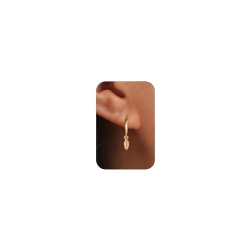 Image of PRTGL Hoop Earrings - 14ct Gold Plated Dainty Feather Drop Small Hoop Huggie Earrings for Women
