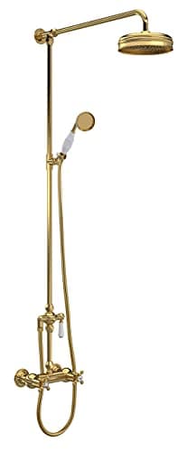 Image of Hudson Reed A8117 Topaz | Traditional Bathroom Thermostatic Shower Valve with Top Outlet and Diverter with Handset and Hose with Crosshead Handles and Hexagonal Collars, 1245mm x 200mm, Brushed Brass