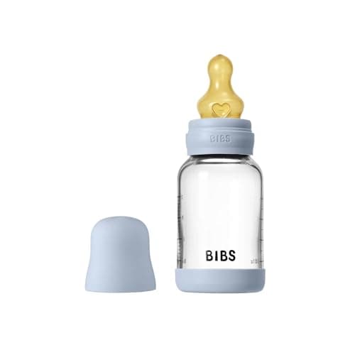 Image of BIBS Baby Glass Bottle. 120ml. Anti-Colic. Vented Round Natural Rubber Latex Teat. Supports Natural Breastfeeding, Slow Flow, Complete Set - 120 ml, Baby Blue