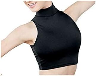 Image of Prime fashions - Girls Polo Neck Sleeveless Crop Top – Shiny Nylon – Summer Wear – High Neck - Perfect for Dance Yoga, School, Sports, Cycling Training (9-10 Years, Black)