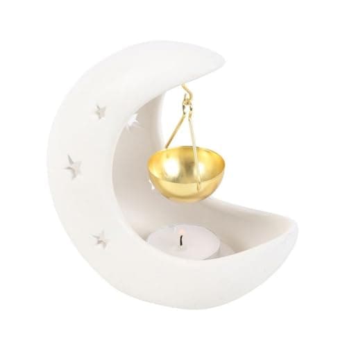 Image of White Crescent Moon Hanging Ceramic Oil Burner with Gold Metal Dish - Elegant Aromatherapy Holder for Tranquil Home Ambiance and Decorative Accent