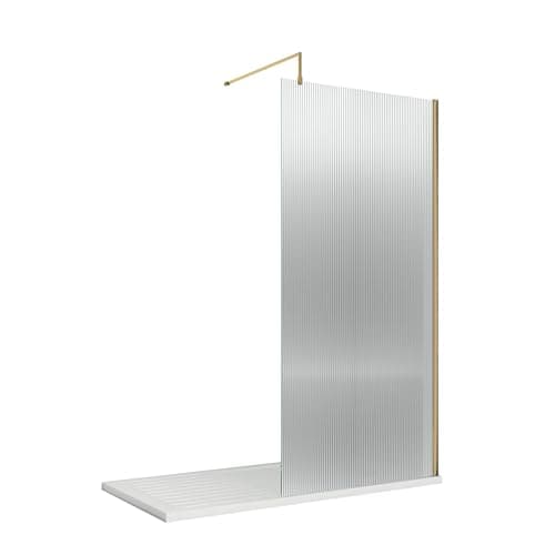 Image of Balterley Wetroom Shower Screen with Support Bar, Fluted Glass Shower Screen for Wet Room and Bathroom, 8mm Toughened Safety Glass Screens, Reversible Wetroom Screens - 1000 x 1850mm (Brushed Brass)