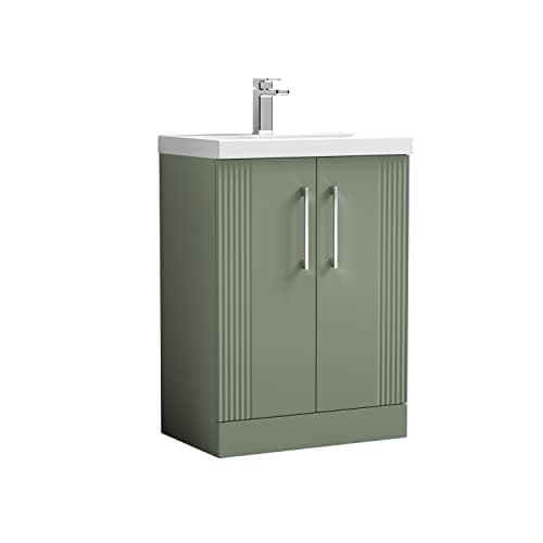 Image of nuie DPF825D Deco Modern Bathroom Floor Standing 2 Door Part Fluted Vanity Basin Unit with Thin-Edge Ceramic Basin, 600mm, Satin Green