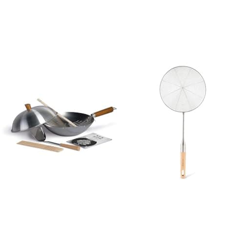 Image of Ken Hom Carbon Steel Wok Set, 31cm, Classic & KH515 Stainless Steel Wire Mesh Ski mmer, Excellence, Wooden Handle/