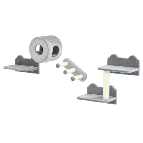 Image of PawHut 4PCs Wall Mounted Cat Tree, Cat Wall Furniture with Platforms, Steps, Scratching Post, Perch, Kitty House for Indoor Kittens - Grey