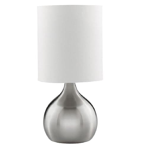 Image of Britalia Satin Silver Chrome Metal Vintage Touch Control Table Desk Lamp with White Drum Shade | 29cm Height | 1 x SES E14 Lamp Bulb Required | UK Approved | 3 Stage Dimmer | Modern Influence
