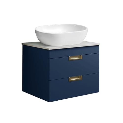 Image of BELOFAY 600mm Wall Mounted Vanity Unit with Basin | Two Soft-Close Drawers | Modern Floating Design with Countertop Basin & White Stone Worktop, Trap & Waste, Tap not included | Blue Matt Finish