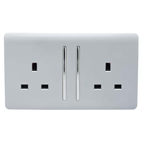 Image of Trendi 2 Gang Raised Artistic Modern Glossy Screwless 13 Amp Single Pole with Chrome Switched UK Standard Electrical Double Wall Plug Socket in Platinum Silver - ART-SKT213LSI