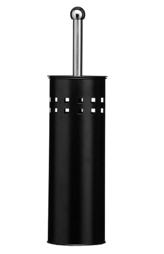 Image of Toilet Brush & Holder Metal Toilet Brush Attached Lid Toilet Cleaner BrushFree Standing Loo Reflective Brush with Bristles (1, Black)