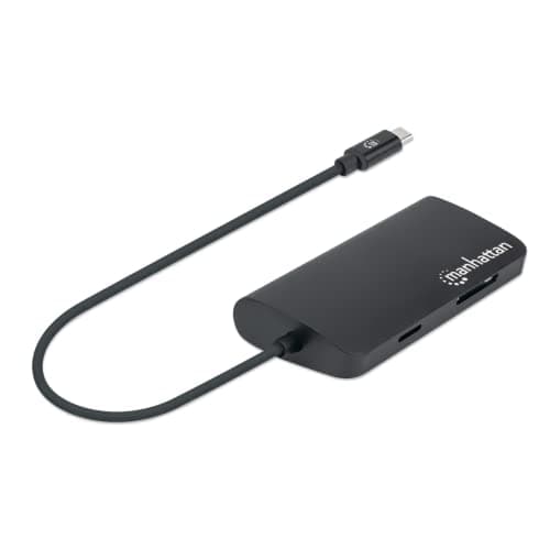 Image of Manhattan USB-C Dock/Hub with Card Reader, Ports (x5): Ethernet, USB-A (3) and USB-C, With Power Delivery to USB-C Port (100W), 5 Gbps (USB 3.2 Gen1 aka USB 3.0), Cable 30cm, Aluminium, Black