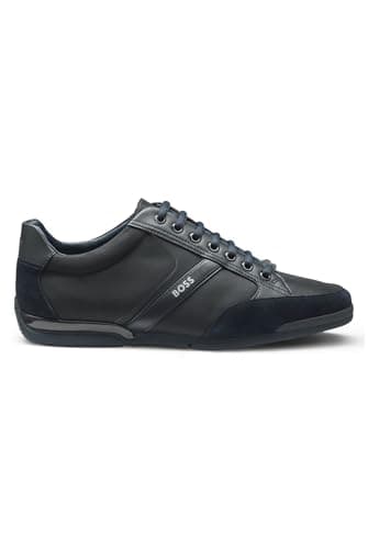 Image of BOSS Mens Saturn Lowp Mixed-Material Trainers with Suede and Faux Leather Size 10 Dark Blue