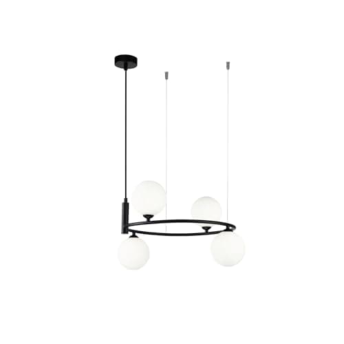 Image of Modern Pendant Ceiling light, Adjustable height, long cord, Black metal frame, 4 lights, lampshades in white matt glass, Hi-tech, industrial, Nordic design, for 4 bulbs G9 25W not incl