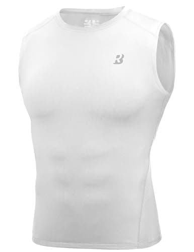 Image of Roadbox Men's Compression Vest Sleeveless Base Layer, Reflective Mesh Back Running Top for Gym Football Rugby - Cool Dry Moisture Wicking Athletic Undershirt White