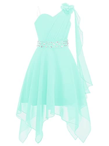 Image of YiZYiF Kids Girl's One Shoulder Junior Bridesmaid Dresses Irregular Princess Prom Party Dresses Summer Dress Mint Green 13-14 Years