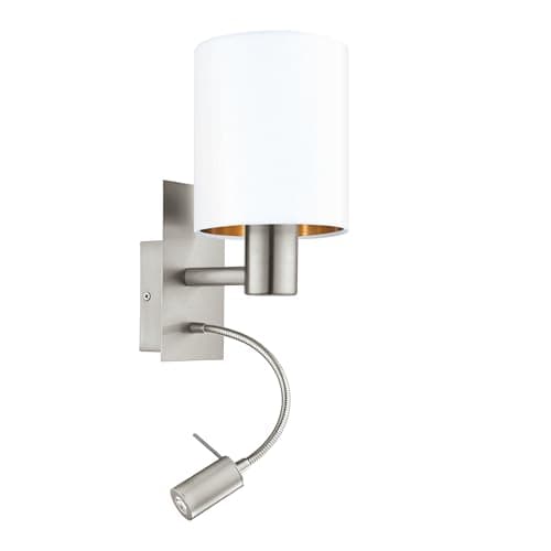 Image of Eglo LED Wall Lamp Pasteri, 2-Light Textile Wall Light, Material: Steel, Fabric, Colour: Matt Nickel, White, Copper, Socket: E27, Including Switch and Flexible LED Reading Light