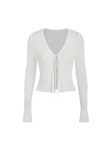 Image of CIDER Cardigans for Women Trendy Bow Tie Front V Neck Long Sleeve Lightweight Shrug Sweater Ribbed Knit Crochet Cardigans, White, Small