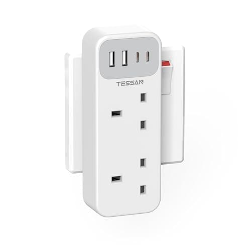 Image of Double Plug Adaptor with 4 USB(2 USB C), TESSAN 2 Way Multi Plug Extension Adapter, UK 13A Fuse Multiplug Sockets Power Extender for Home, Kitchen, Office, School Supplies