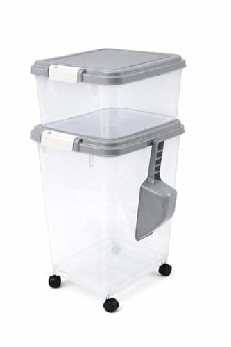 Image of raxter Pet Food Storage Container Set, Clear with Red Lid, Food-Grade Plastic, 45L Combined Capacity, Airtight Seal, Wheeled Base, Stackable, 3 Piece Set with Measuring Scoop (Grey)