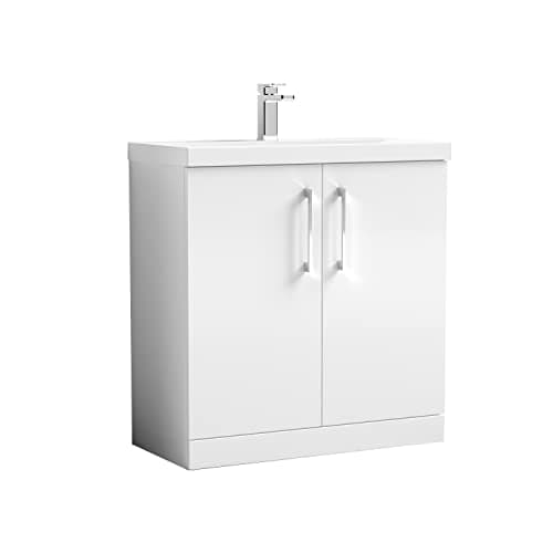 Image of nuie Modern Bathroom Floor Standing 2 Door Vanity Unit with Thin-Edge Ceramic Basin, Gloss White, 800mm