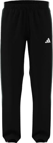 Image of adidas Men's Essentials 3 Stripes Woven Open Hem Trackpants, Black/Team Dark Green/White/Better Scarlet, L