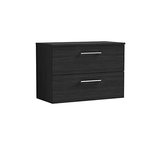 Image of nuie Modern Bathroom Wall Hung 2 Drawer Vanity Unit with Colour Worktop, Woodgrain Charcoal Black, 800mm