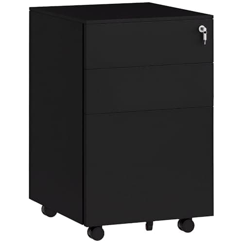 Image of Vinsetto 3-Drawer Vertical Filing Cabinet with Pencil Tray, Lock and 5 Wheels, Steel Mobile File Cabinet, for A4, Legal and Letter Size, Pre-Assembled Body, Black
