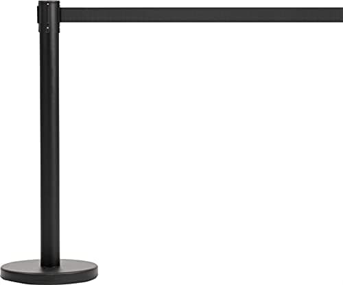 Image of The Workplace Depot Retractable Barrier Tape – 3m Black Webbed Belt, Stainless Steel Post – Ideal for Events & Crowded Areas – Concrete-Filled Base & 4-Way Connectability(Black Post, Black Belt)