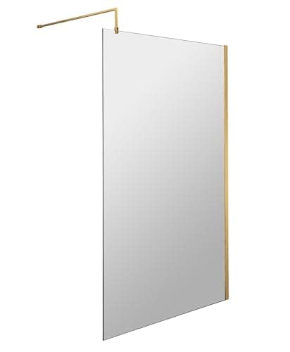 Image of Balterley Wetroom Shower Screen with Support Bar, Glass Shower Screen for Wet Room and Bathroom, 8mm Toughened Safety Glass Screens, Reversible Wetroom Screens - 1000 x 1850mm (Brushed Brass)