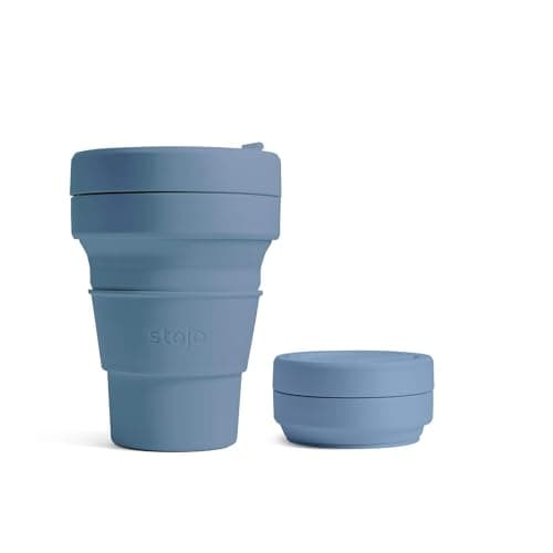 Image of STOJO On-The-Go Mini Collapsible Junior Cup - 8oz / 237ml - Reusable & Foldable Silicone Travel Mug with Lid and Straw - Portable, Pocket Size - Dishwasher Safe - Steel Blue