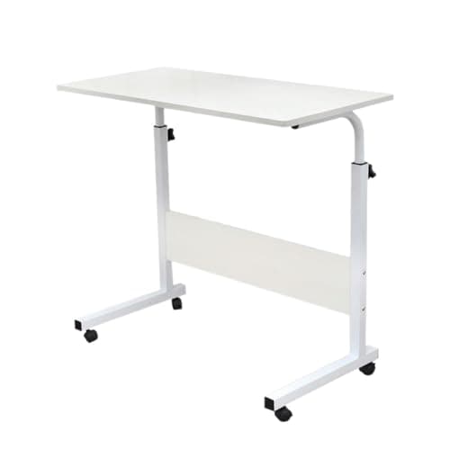 Image of KKTECH Laptop Table with Wheels – Height Adjustable Rolling Desk for Bed Sofa Couch | Wooden Overbed Laptop Side Table for Living Room, Bedroom, Small Spaces, Mobile Workstation (White)