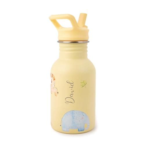Image of J.Børn Personalised Bottle With Straw For Kids 350ML | Hand-Painted Designs | Single-Skinned, Food-Grade Stainless Steel Bottle | Light Weight Water Bottle | Leak-Proof Bottle (Safari)