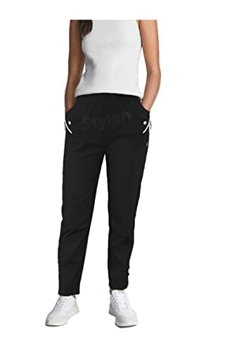 Image of URBAN STITCH Trouser for Women UK Black Casual Full Length Elasticated High Waist Pants with Stretch Light Weight Summer Straight fit Ladies Bottoms (18, Black)